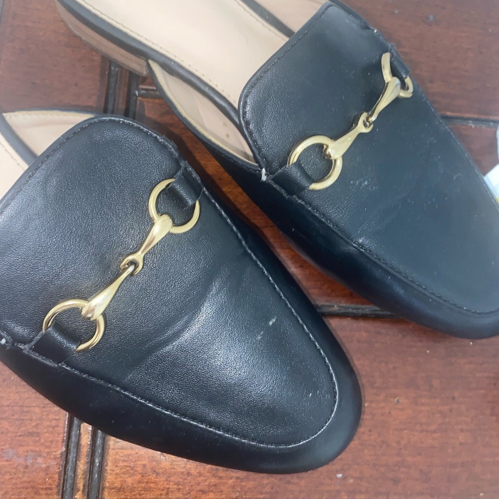 Black Loafer Mules with Gold Buckle, Size 7
